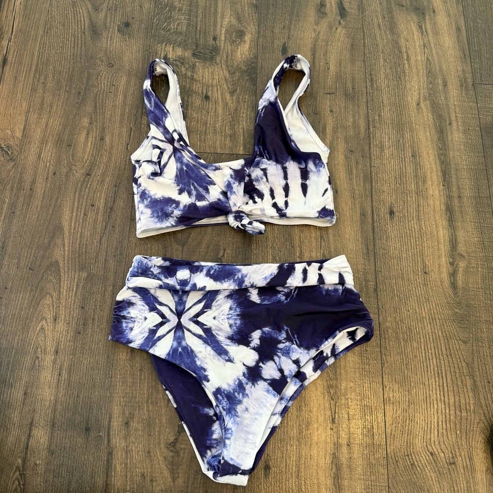 Zaful Women Tie Dye High Waited Knotted Front Blue White Purple Bikini Size 6